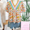 Multicolour Crochet V Neckline Puff Sleeve Boho Flower Blouse
