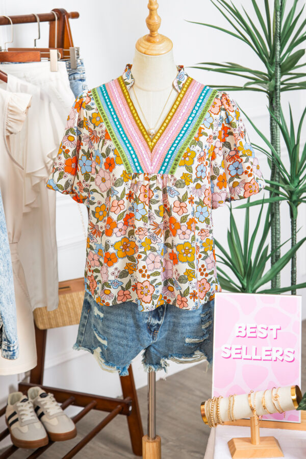 Multicolour Crochet V Neckline Puff Sleeve Boho Flower Blouse