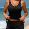 Sky Blue Ribbed Knit Crossed Detail Tank Skort 2pcs Swimsuit