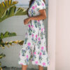 Sky Blue Floral Puff Short Sleeve V Neck High Waist Maxi Dress