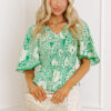 Green Flirty Floral Smocked V Neck Blouse