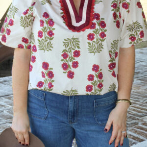 White Plus Size Floral Print Ricrac Striped Trim Short Sleeve Cotton Blouse