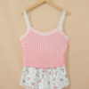 Pink Ribbed Knit Lace Straps Patchwork Lettuce Hem Cropped Top Floral Short Lounge Set