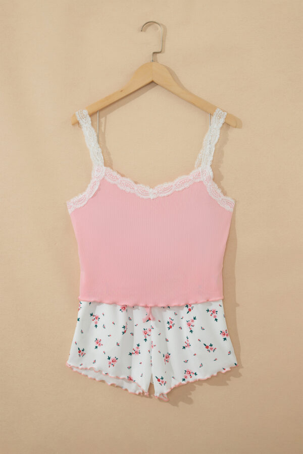 Pink Ribbed Knit Lace Straps Patchwork Lettuce Hem Cropped Top Floral Short Lounge Set