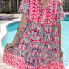 Pink Bohemian Print Tie Neck Ruffle Hem Short Dress