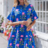 Blue V Neck Short Sleeve Loose Flower Dress