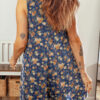 Blue Retro Floral Print Bow Tie V Neck Sleeveless Pleated Loose Denim Romper