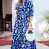 Blue Wild Floral Print Frilled Collar Half Sleeve Long Dress