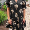 Green Frilled V Neck Puff Short Sleeve Floral Mini Dress