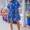 Blue V Neck Short Sleeve Loose Flower Dress