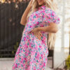 Pink Floral Collared Half Placket Short Sleeve Loose Dress