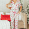 Pink Christmas Spirit Cute Holiday Print Short Sleeve Shirt and Pants 2pcs Pajama Set