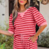 Pink Stripe Puff Short Sleeve T Shirt Matching Shorts Set