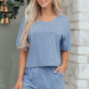 Sky Blue Solid Color Contrast Textured Patchwork Raw Edge 2pcs Short Set