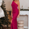 Pitaya Pink One Shoulder Thigh High Split Bodycon Sequin Gown