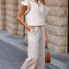 Apricot Textured Ruffled Sleeve Zipped Top and Wide Leg Pants Set