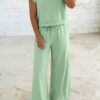 Clearly Aqua Solid Color Loose Tee Drawstring Wide Leg Pants 2pcs Outfit