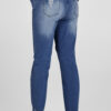 Dark Blue Elastic Waist Straight Leg Destroyed Raw Hem Jeans