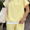 Pink Polka Dot Print Color Block Trim Mock Neck Short Set