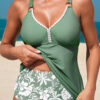 Four Leaf Clover O-ring Knot Back Straps Ricrac Trim V Neck Tankini Contrast Printed Swim Short 2pcs Set