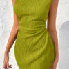 Spinach Green Solid Color Textured Ruched Side Bodycon Tank Dress