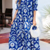 Blue Wild Floral Print Frilled Collar Half Sleeve Long Dress