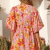 Pink Striped Floral Print Tie Neck Puff Sleeve Loose Mini Dress