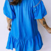Blue Flower Embroidered Split Neck Short Puff Sleeve Ruffle Hem Dress