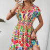 Sky Blue Abstract Print V Neck Dolman Sleeve Ruffle Tiered Mini Dress