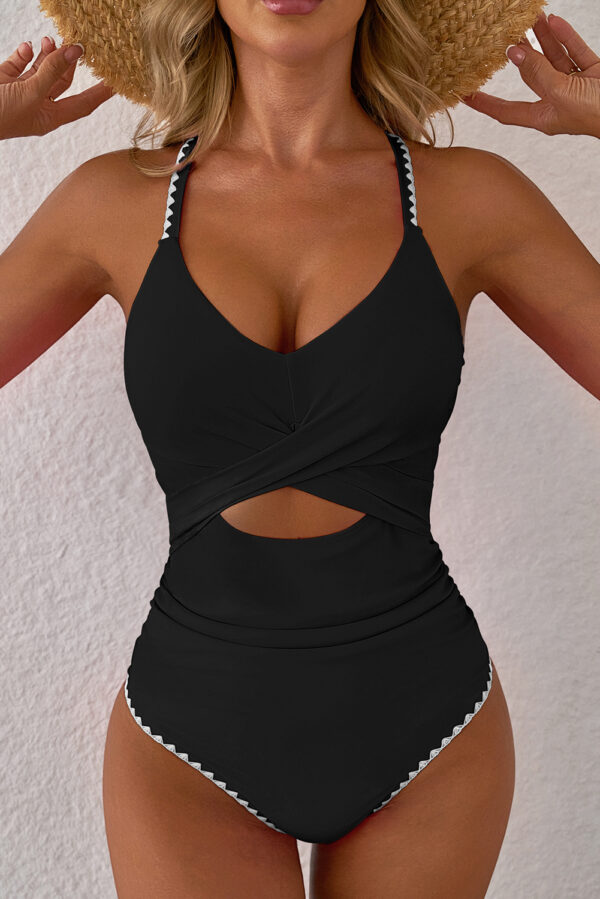 101800652-fabc9461daa894f7.jpg Rose Red Ric Rac Trim Contrasted Patchwork Cutout One Piece Swimsuit