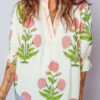 Green Casual Wild Flower Print V Neck 3/4 Sleeve Blouse