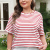 Red Stripe Plus Size Scalloped Trim Round Neck Short Sleeve Top