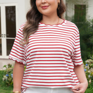 Red Stripe Plus Size Scalloped Trim Round Neck Short Sleeve Top