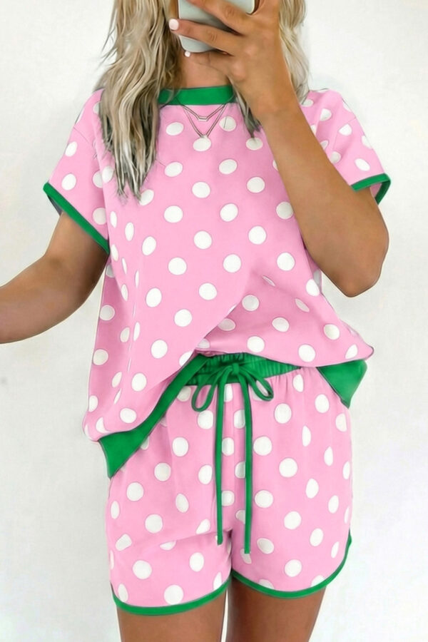 Pink Polka Dot Contrast Edge Casual Short Set