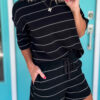 Black Stripe Half Sleeve Tee Drawstring Shorts 2pcs Set