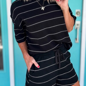 Black Stripe Half Sleeve Tee Drawstring Shorts 2pcs Set