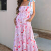 Pink Floral Print Knotted Shoulder Smocked Maxi Dress