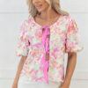 Pink Ribbon Knot Front Floral Short Puff Sleeve Blouse