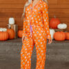 Orange Halloween Print Lapel Shirt Long 2pcs Pajama Set