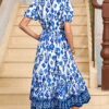 Sky Blue Floral Puff Short Sleeve V Neck High Waist Maxi Dress