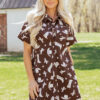 Brown Cowgirl Hats Boots Cactus Print Raw Edge Button Down Short Denim Dress
