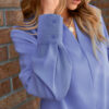 Sky Blue Solid Color V Neck Breezy Long Sleeve Blouse