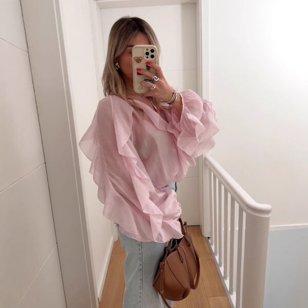 586266678 Elegant V-Neck Ruffle Long Sleeve Shirt for Office Wear Style