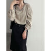 588005114 Lace Trim V-Neck Lantern Sleeve Elegant Youthful Commute Top Shirt