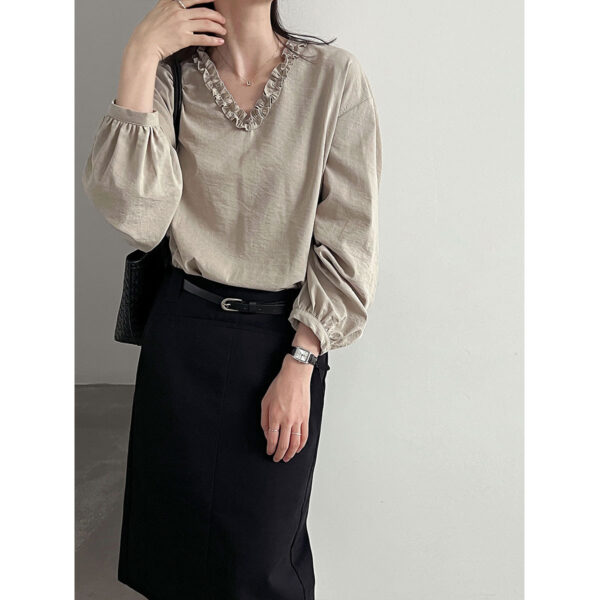 588005114 Lace Trim V-Neck Lantern Sleeve Elegant Youthful Commute Top Shirt