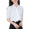 586265781 Ribbon Satin Short Sleeve White Blouse for Office Wear Formal Top