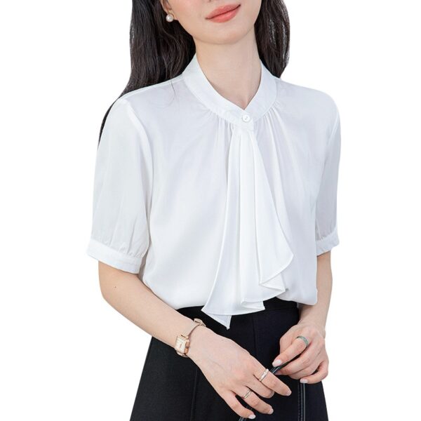 586265781 Ribbon Satin Short Sleeve White Blouse for Office Wear Formal Top