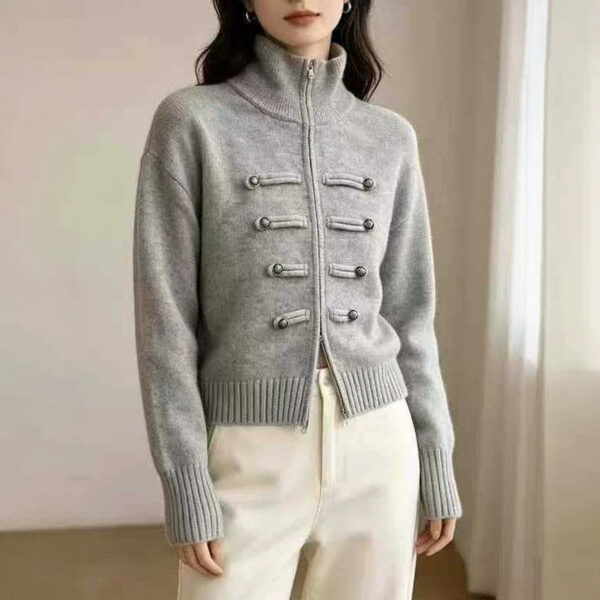 Stand Collar Double Zipper Short Length Long Sleeve Knit
