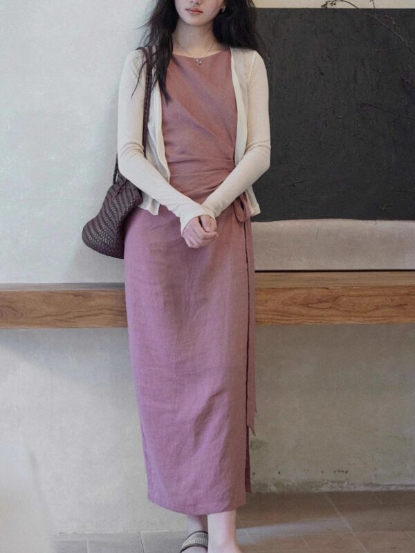 586265708 Round Neck Sleeveless Tie Waist Casual Office Wear