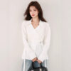 586266938 V-neck fitted white long sleeve unique casual style, elegant office wear shirt